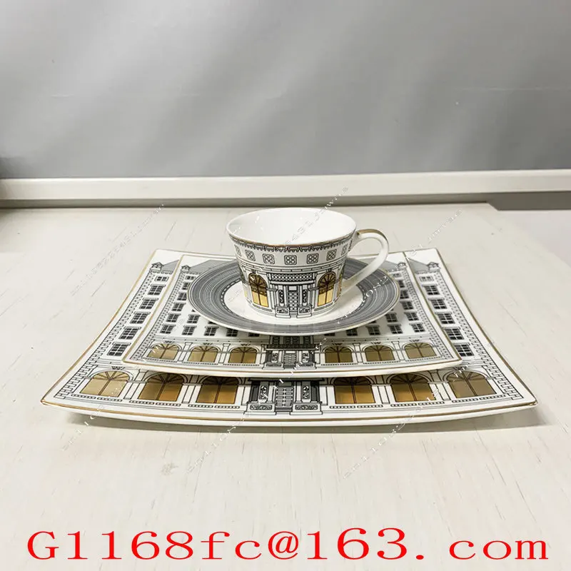 Swan Castle Bone China Coffee Cup Square Plate European Golden Roman Building Tea Set
