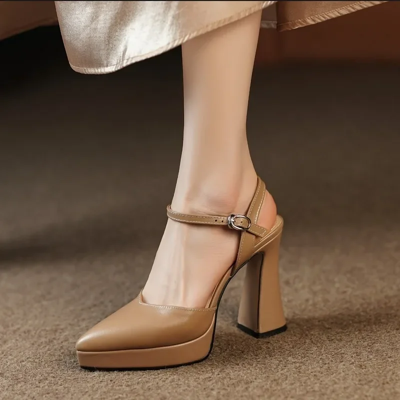 

Women's High Heel Sandals Pointed Toe One-line Buckle Square Heel Shoes Women Dress Cover Toe French Elegant Sandalias De Mujer
