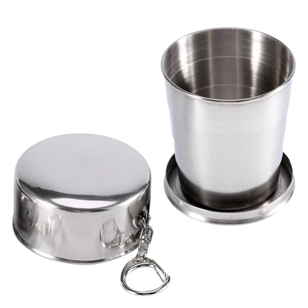 Stainless Steel Folding Cup 250ML Camping Squeeze Cup with Keychain Retractable Outdoor Travel Easy To Carry Metal Water Cup