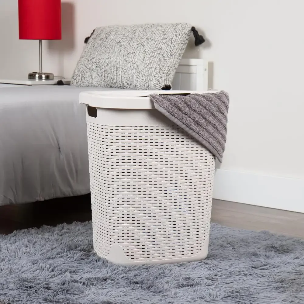 50L Slim Plastic Laundry Hamper Clothes Basket with Lid Ivory Portable Lightweight Spacious Storage Neat & Tidy Excellent