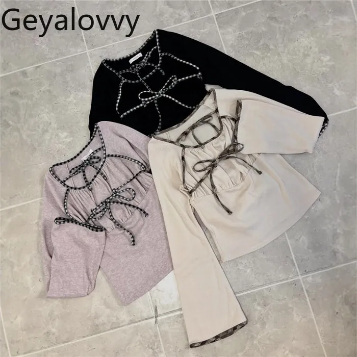 

Весна 2026: Новая коллекция! Милый универсальный вязаный пуловер в японском стиле для девочек, с клетчатым узором, завязками и расклешенными длинными рукавами.