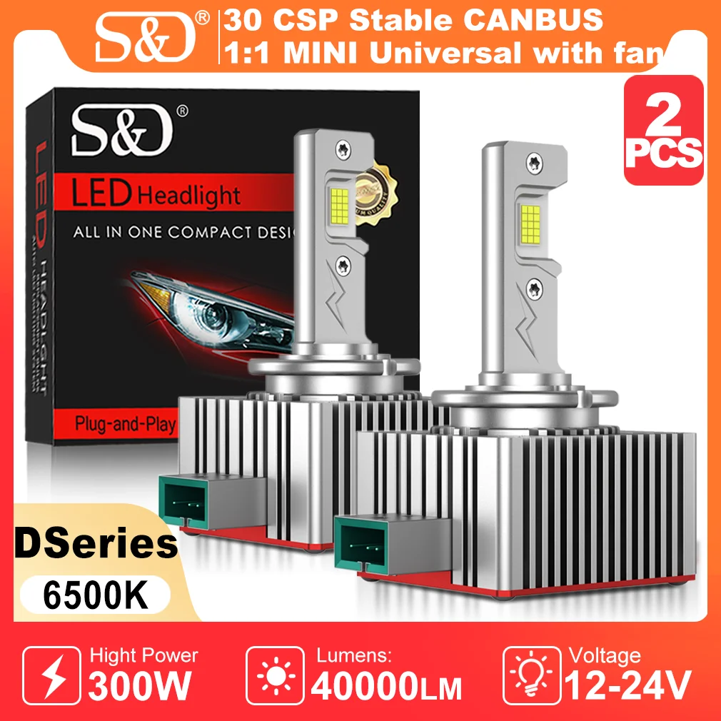 S&D D1S D3S Headlight CANBUS D1R D3R 300W LED Headlight HID Bulb with Turbo Fans 40000Lm Auto Lamp for Car Plug&Play 6000K White
