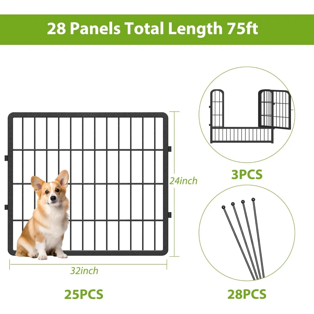 Decorative Garden Fence Metal Garden Fence Panels with Gate, 28 Panels Outdoor Garden Fencing 75ft(L) x 24in(H) Dog Playpen