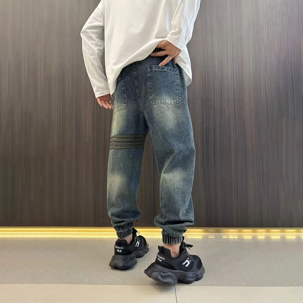 Men Plus Velvet Jeans Striped Contrast Color Casual Pants Autumn Streetwear Fashion All-Match Leggings  Male Men'S Clothing 2024