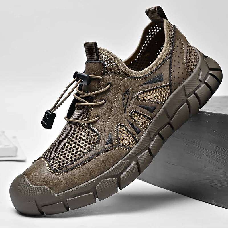 

Men's breathable sandals for mountain climbing and hiking, made of genuine leather and stitched with mesh fabric, with a protect