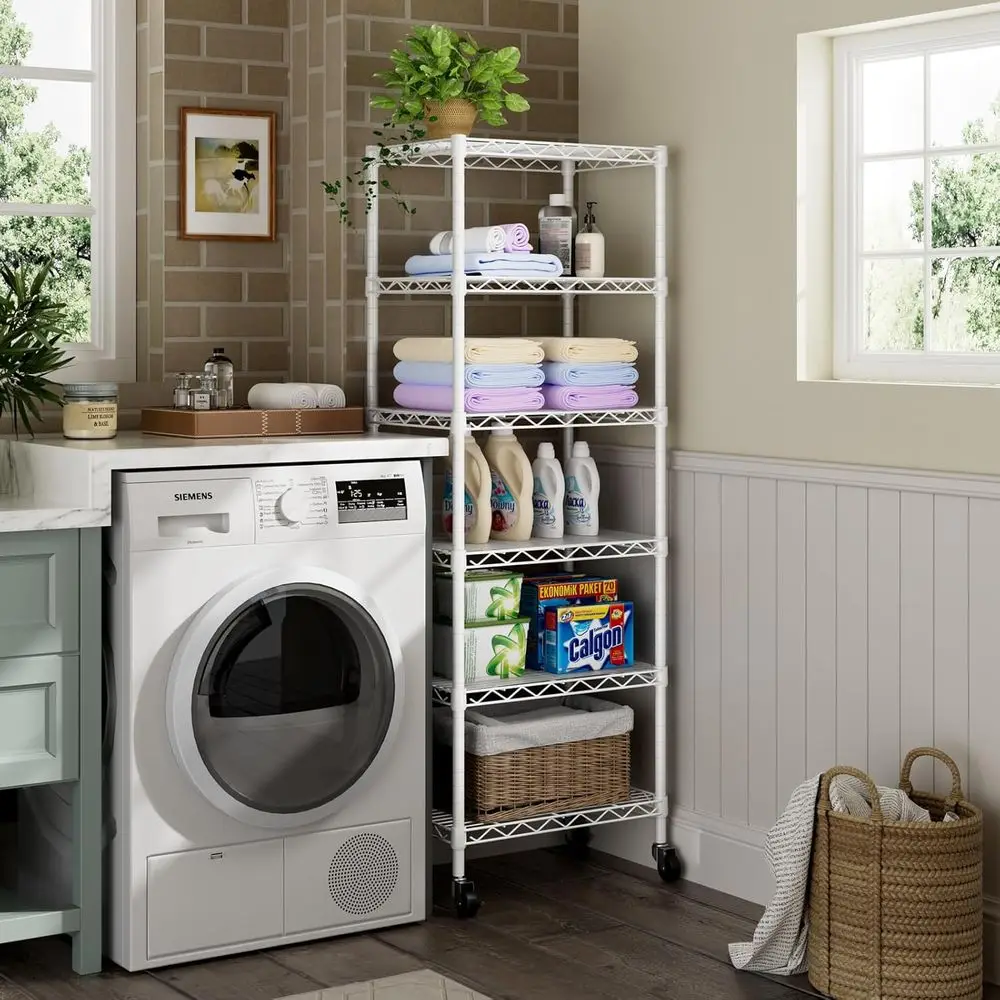Rak Kawat Logam 6 Tingkat yang Dapat Disesuaikan dengan Roda, Putih, untuk Penyimpanan di Rumah di Dapur, Ruang Penyimpanan, Ruang Cuci, dan Kamar Mandi
