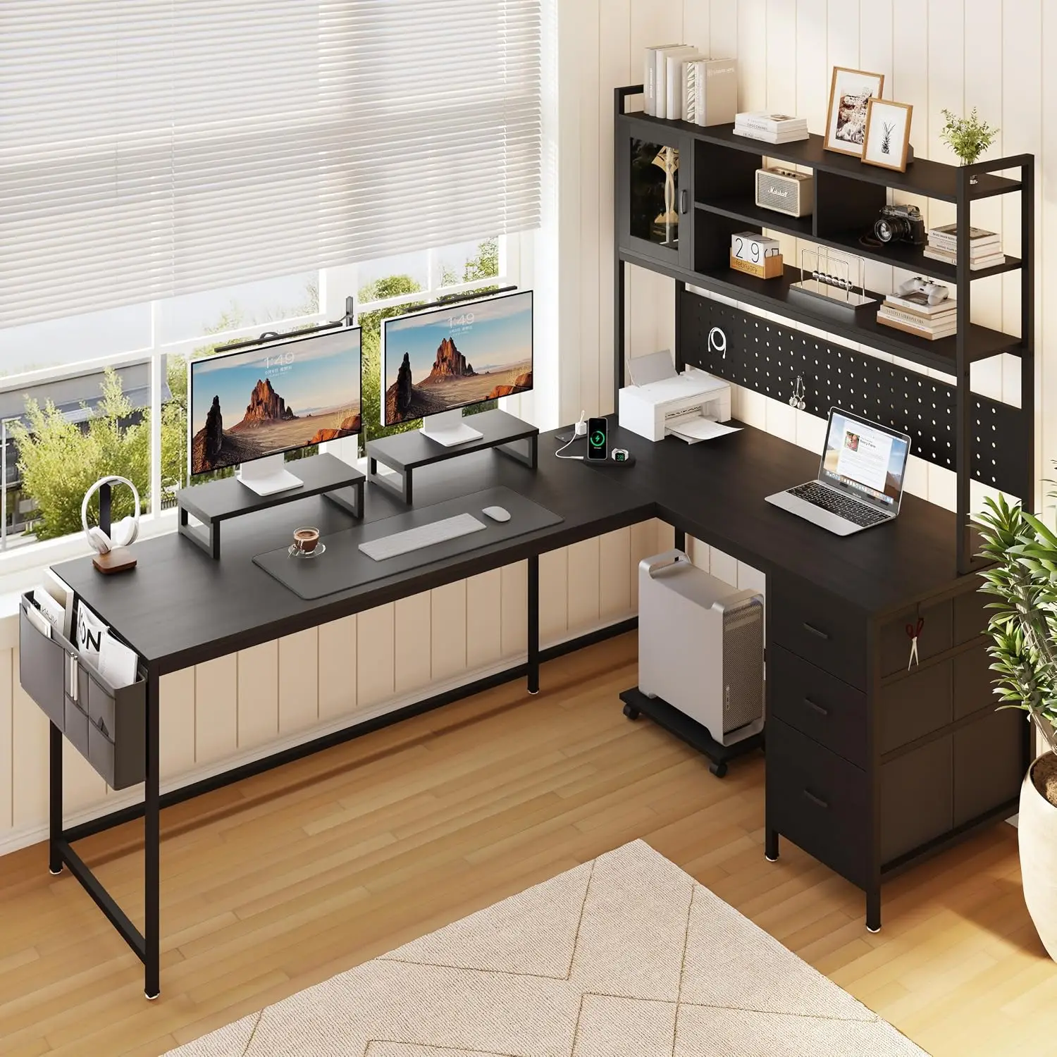 L-Shaped Desk with Charging Station & LED, Gaming Desk with Pegboard & 3 Drawers, Monitor Stand for Home Office, Customized