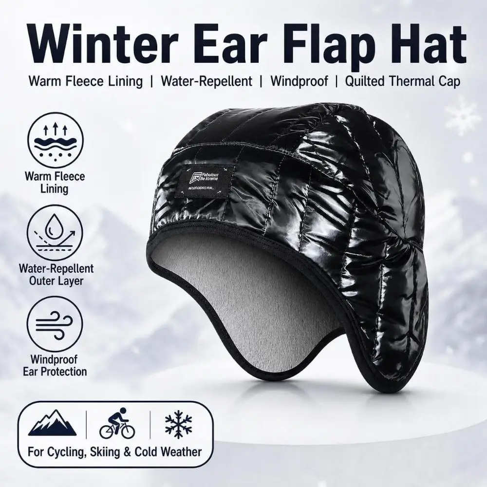 Fleece Lined Winter Ear Flap Hat Water Repellent Windproof Quilted Winter Cap Heat Retaining Double Layer Fleece Lined Hat
