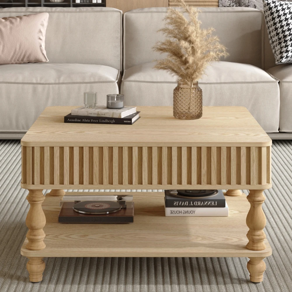 Modern Design Square Fluted Lift-Top Coffee Table with Hidden & Open Storage, Hydraulic Raising Mechanism, Retro Solid Wood Legs