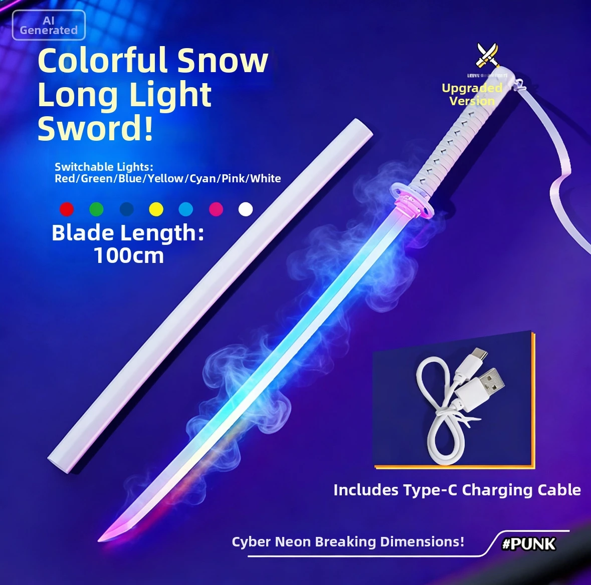 ADEA Sleeve Snow Samurai Death Wooden Sword with Sheath Luminous with Light Samurai Lightsaber Role Play