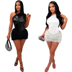 2024 Sexy Night Club Women One Shoulder Mini Dresses Faux Leather Fur Patchwork Sleeveless Party Birthday Summer Dress