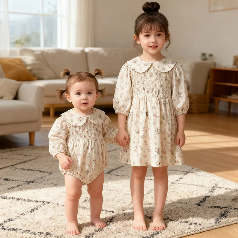 2026 neue 0-6Y Frühling Schwester Kleid Mädchen Party Kleine Blumen Kleid Baby Mädchen Strampler Lange Ärmeln Baumwolle Kind Prinzessin Print kleid