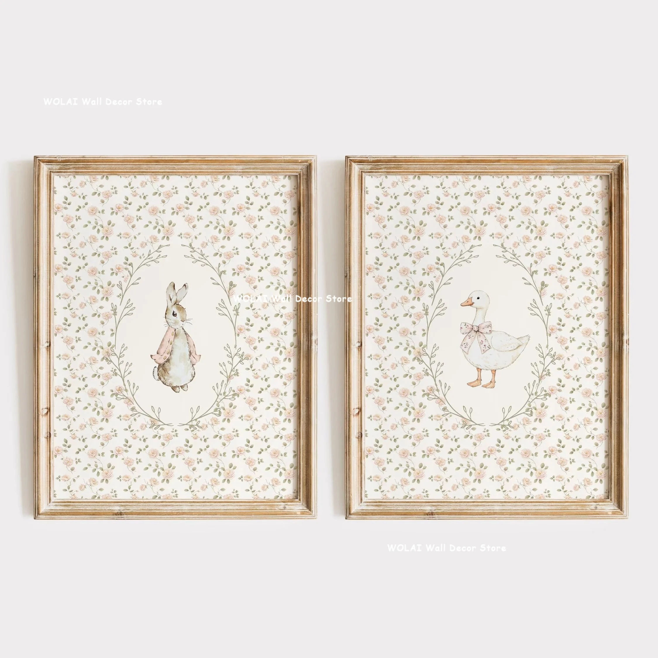 2pcs/set Rabbit & Silly Goose Nursery Canvas Print Farm Animal Rabbit Pink Flower Wall Art Poster for Girl's Room Home Decor