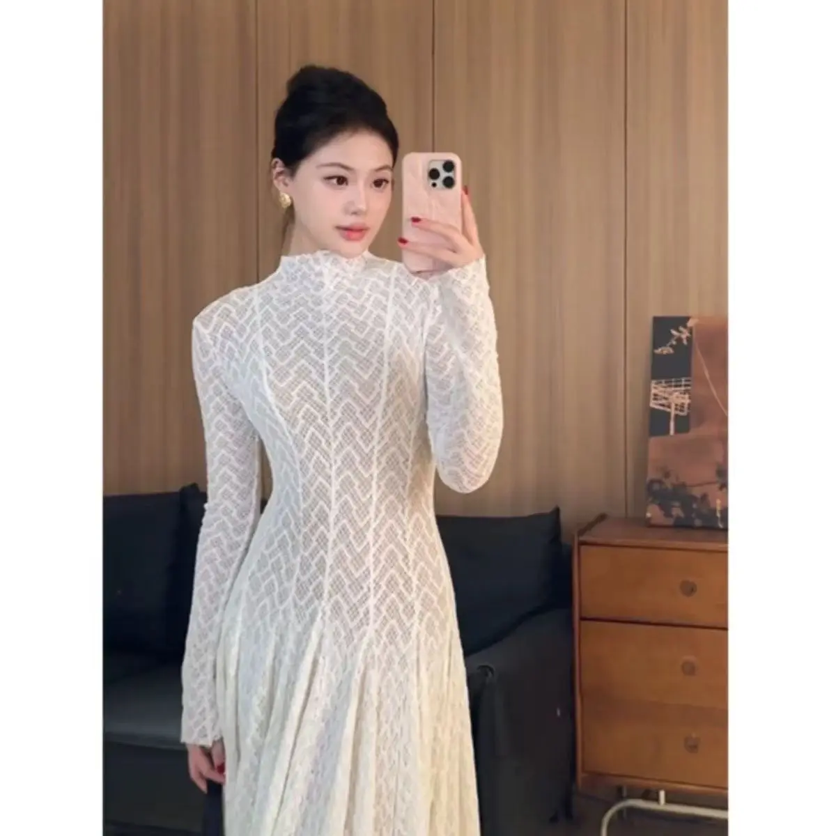 Hollow Out Mesh Elegant Long Sleeve Dress for Women Streetwear High Waist Chic Slimming Long Dresses vestidos de tricô femenino