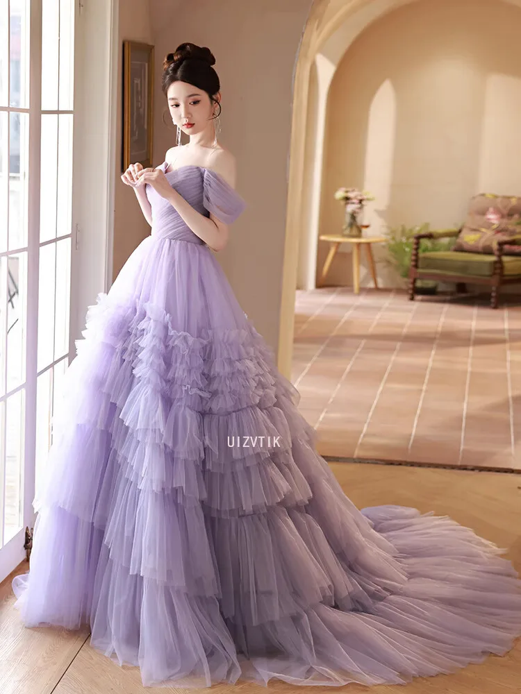 

Purple Ball Gown Evening Dresses Tulle Off Shoulder Court Train Prom Wedding Party Gowns Formal Vestido De Noche Customized