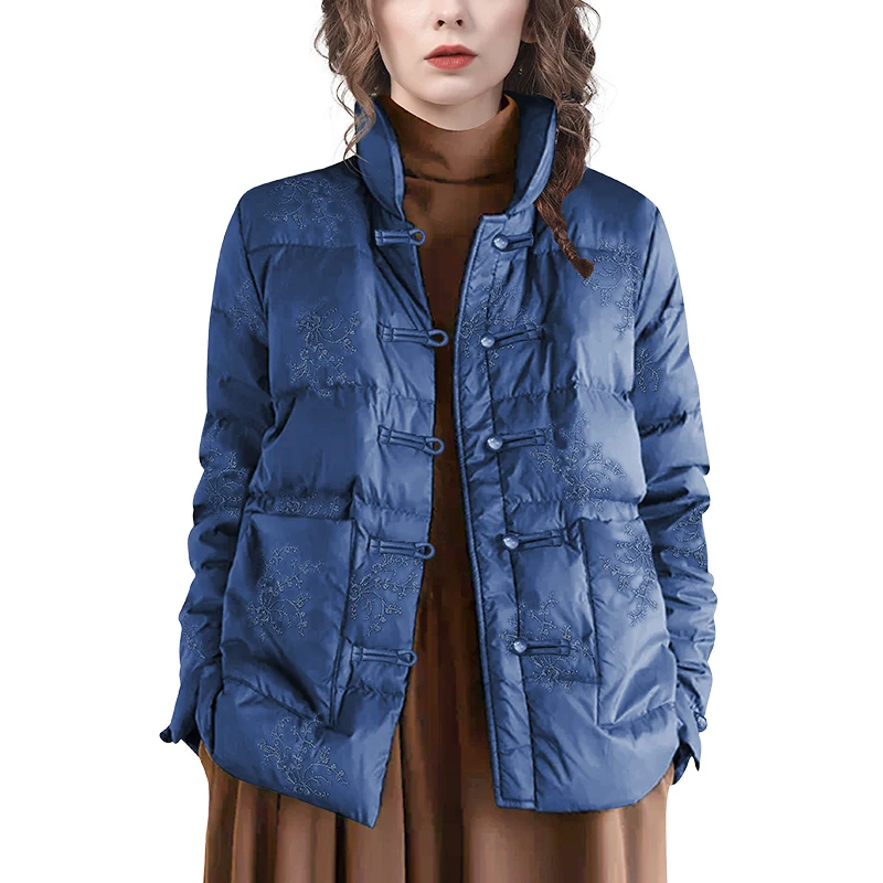 Vintage Disc Buckle Women\' Embroidered Down Jacket Loose-Fittng Solid Color Stand-up Collar Female Winter Parkas Duck Down Coat