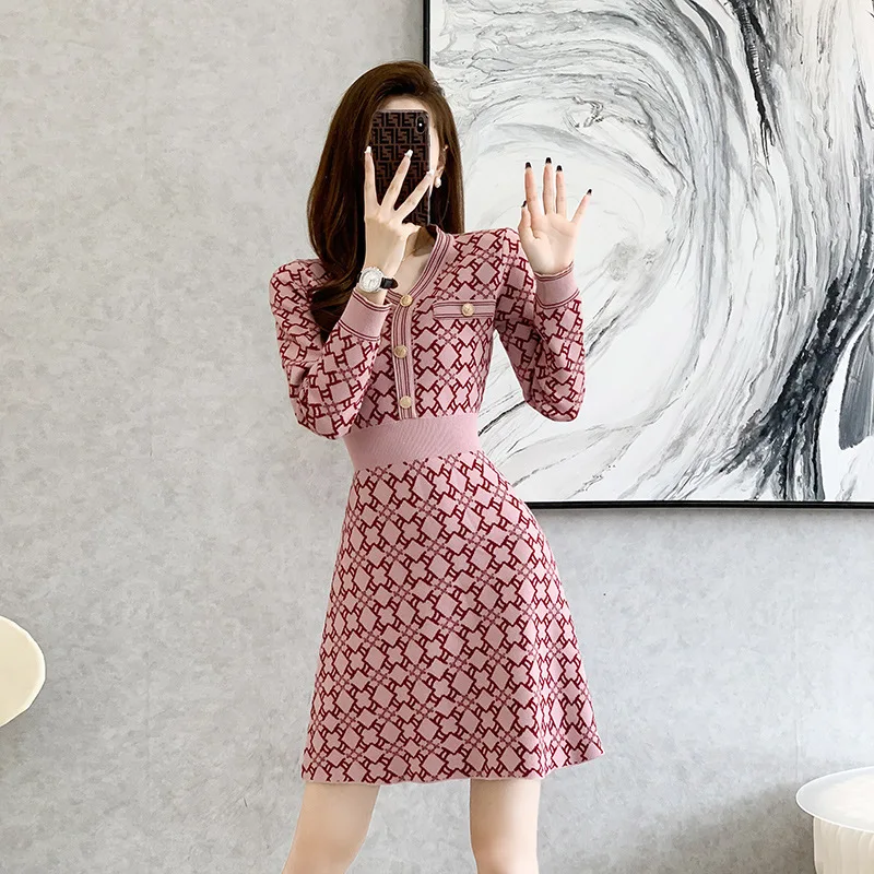 #0907 Pink Plaid Sweater Dress V-neck Buttons High Waist Vintage Short A-line Dress Long Sleeve Retro Stretch Office Mini Dress