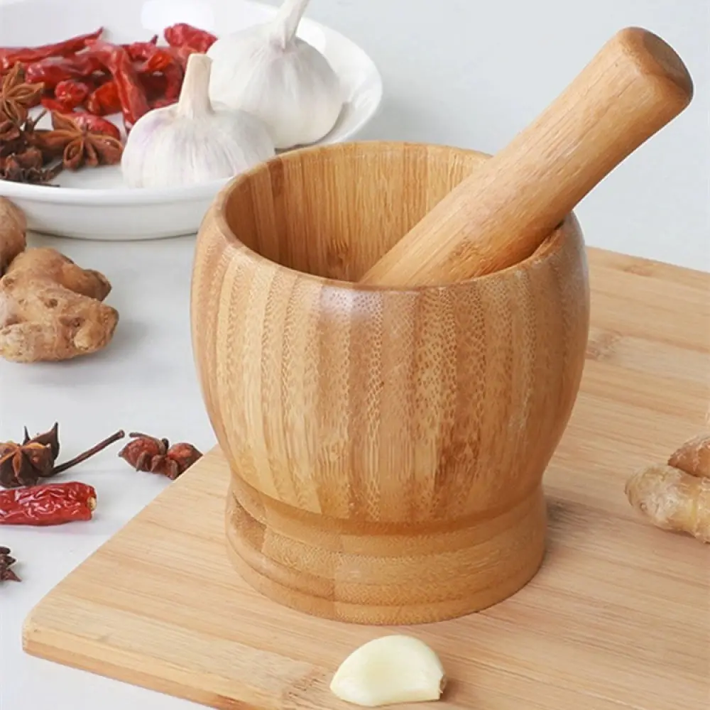 Kitchen Manual Garlic Crusher Natural Bamboo Mortar Pestle Set Herb Spice Grinder Mash Bowl Essential Cooking Tool