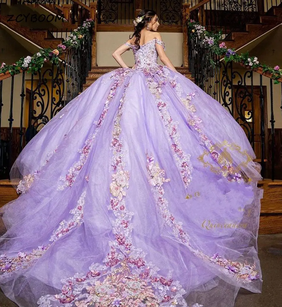 2022 Mới Màu Tím Chiếu Trúc Hạt Phồng Bầu Elegent Công Chúa Appliques Đầm Quinceanera Áo Sang Trọng Sinh Nhật Áo