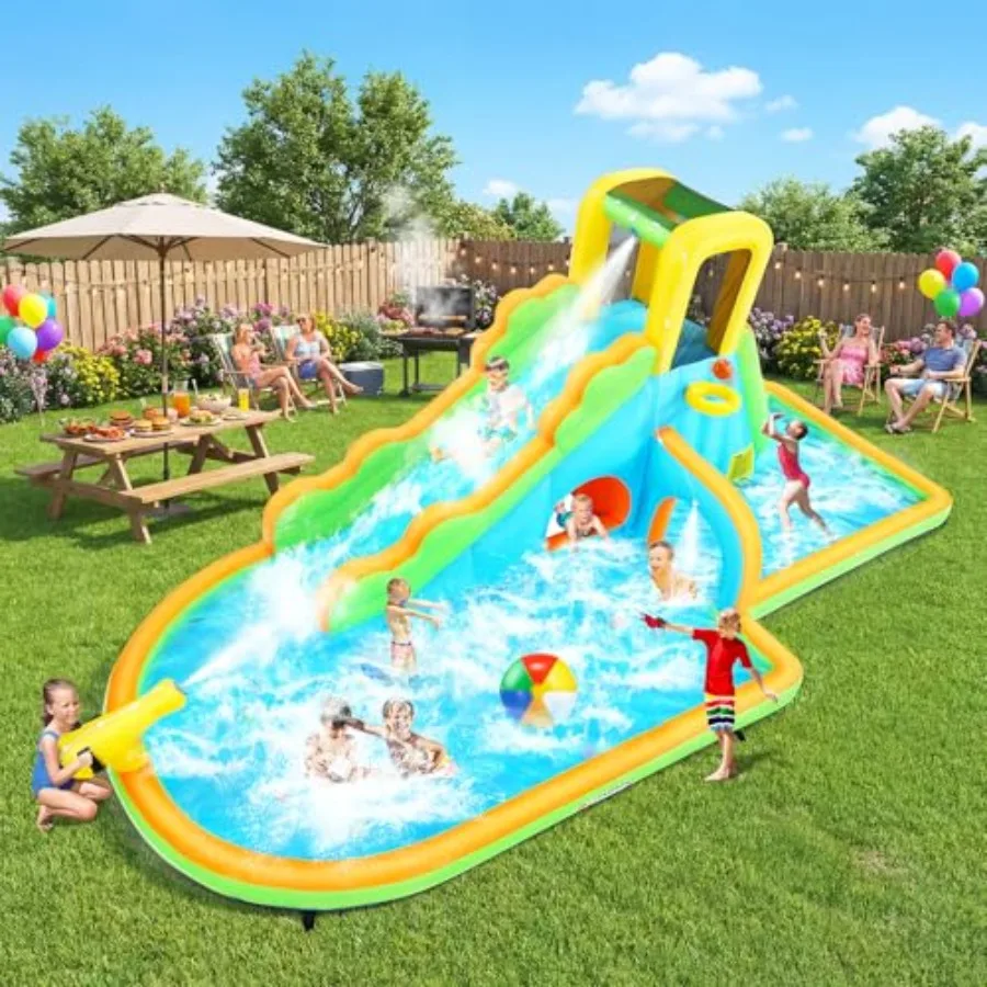 

Inflatable Water Slide for 16.4FT with Tunnel Splash Pool Climbing Wall Water Cannon Basketball Rim Durable 840D Ox Blue Outdoo
