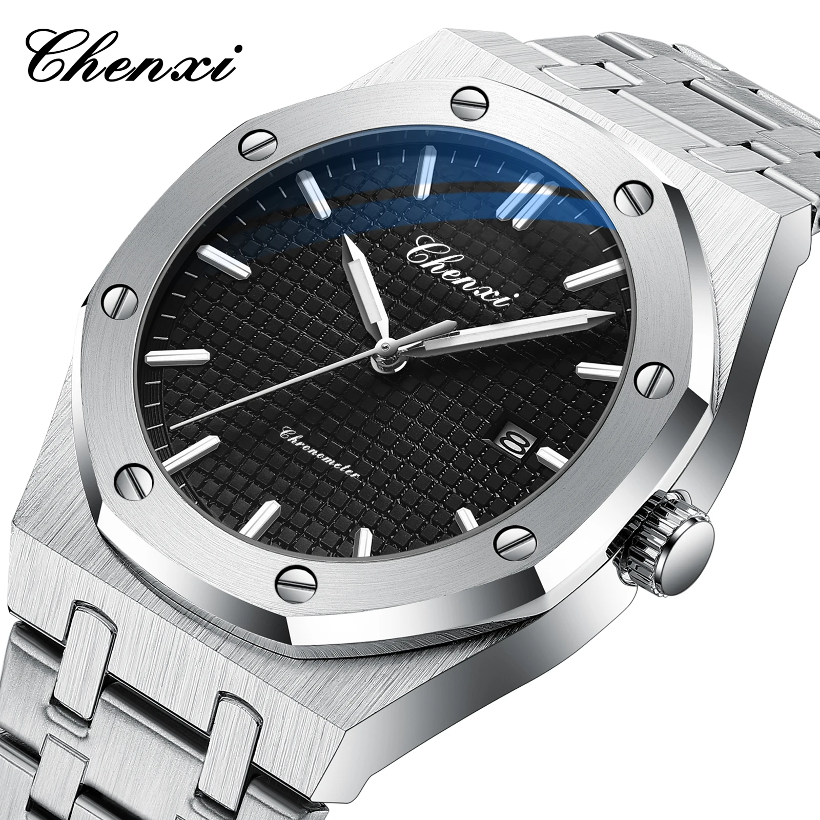 NEW CHENXI プレミアムブランド 高級カジュアルメンズ腕時計 夜光、防水、日付表示 ステンレススチール製メンズ腕時計