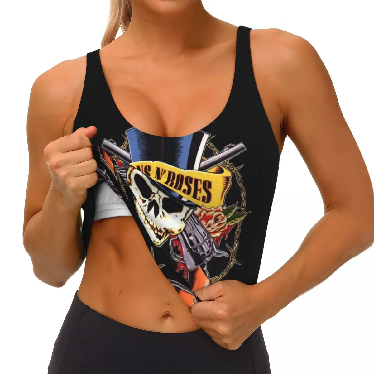 حمالة صدر رياضية معدنية ثقيلة بشعار Guns N Rose مخصصة للنساء، قميص قصير لليوجا عالي التأثير #4