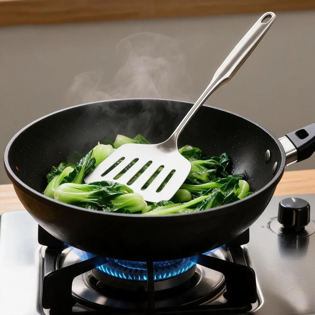 Stainless Steel Slotted Spatula Designed for Fish Frying Featuring Extended Wooden Handle and Heat Resistant Build