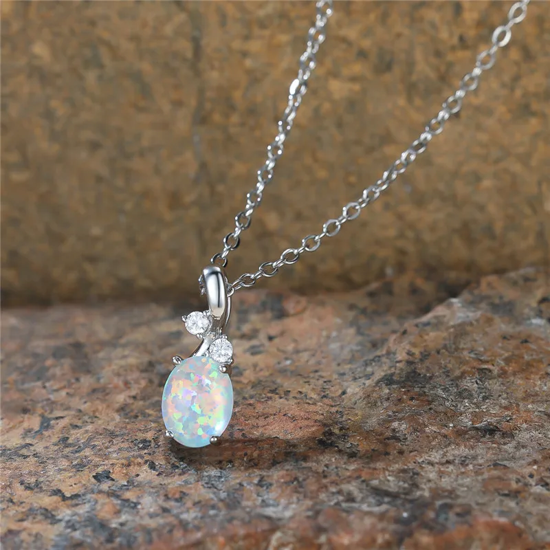 Boho Female White Fire Opal Stone Pendant Necklace Silver Color Summer Wedding Necklaces For Women Fashion Jewelry Gift