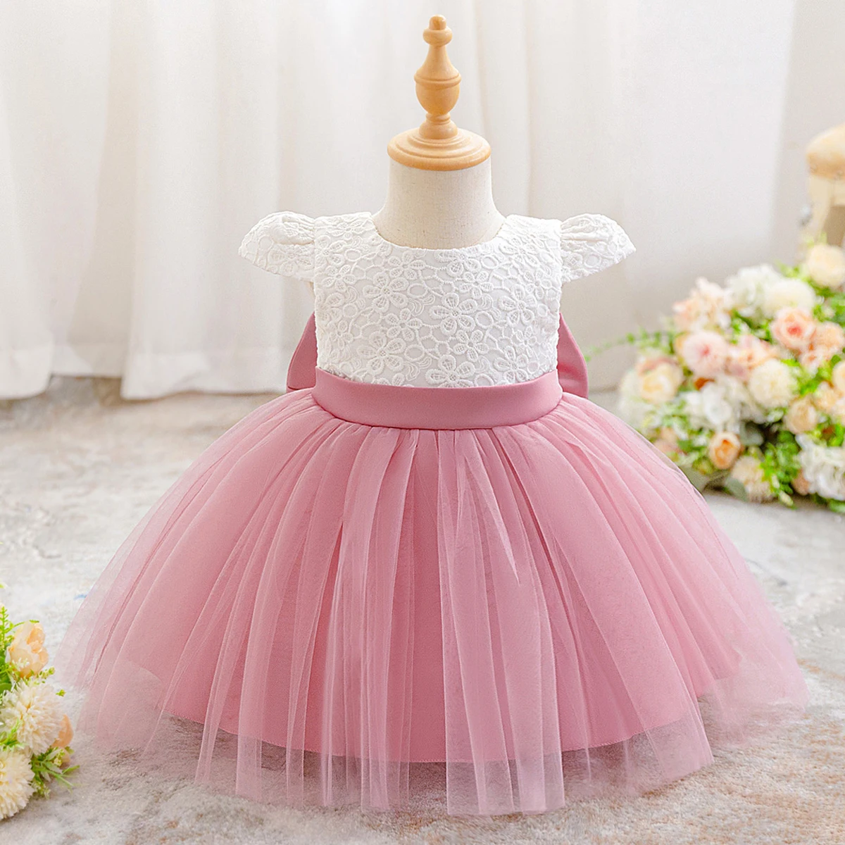 

Elegant Big Bow Party Baby Princess Girl Dress Toddler Baptism 1st Birthday Dresses for Kid Lace Wedding Bridesmaid Prom Costume