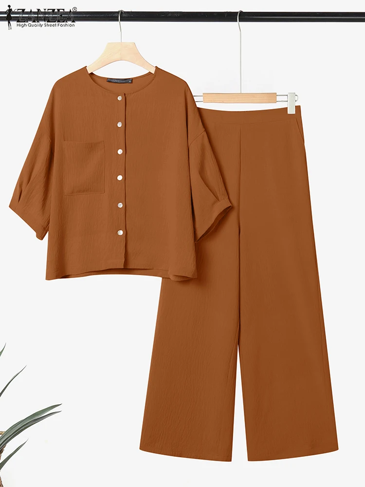 

Осенние комплекты из 2 предметов ZANZEA, женские топы с рукавами 3/4 и брюки, повседневная свободная одежда, модные однотонные элегантные офисные комплекты брюк