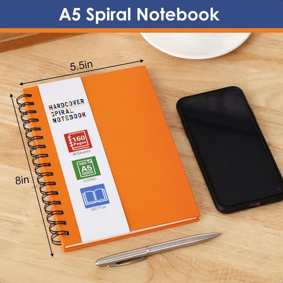 Cuaderno espiral de tapa dura para trabajo, cuadernos en espiral A5, 160 páginas, 5,5x8,5 pulgadas, diario pequeño para la escuela y regalos, colores surtidos, 6 uds.