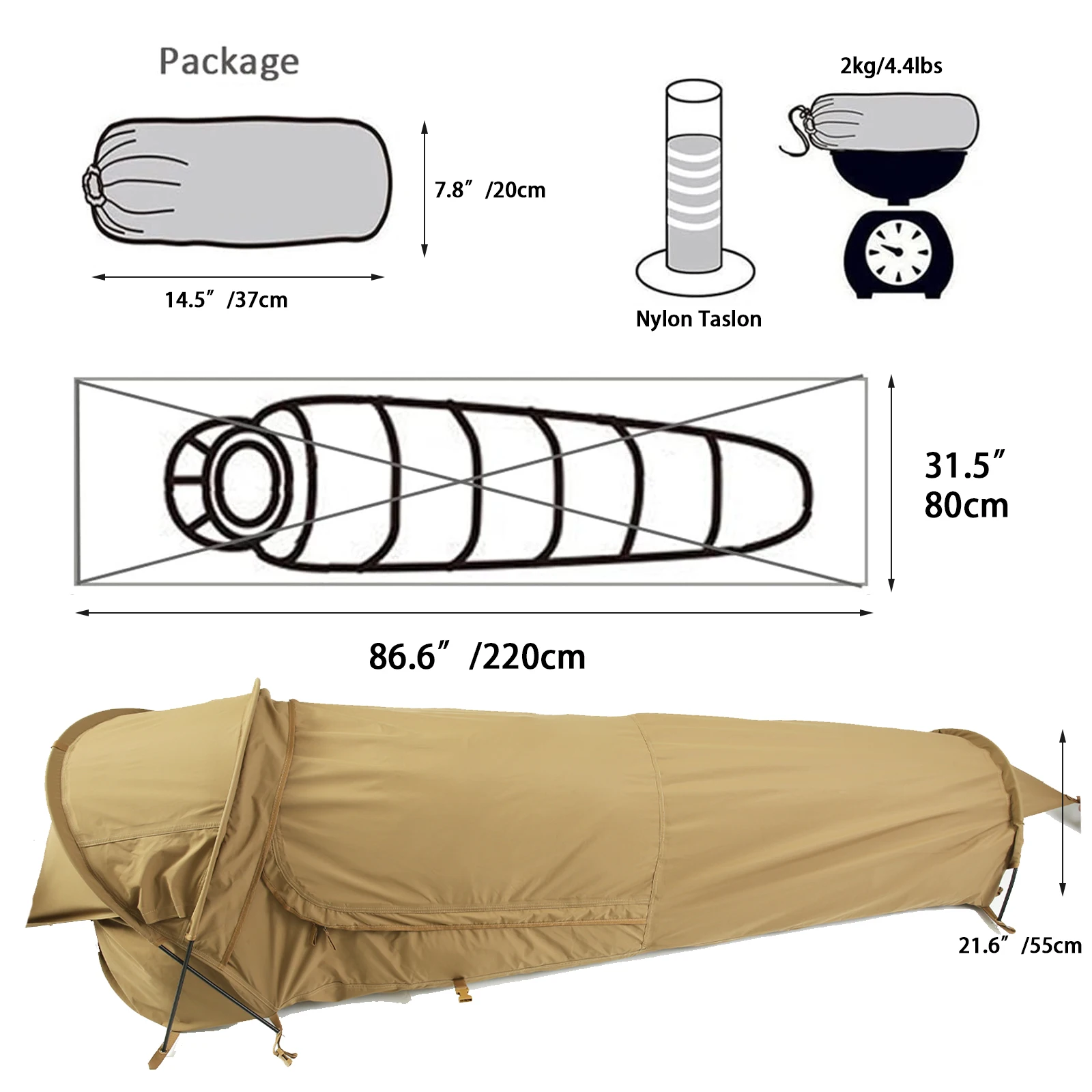 Tenda militare nascosta Bivy Tenda da campeggio compatta monotolo leggera e impermeabile per escursioni con lo zaino in spalla-Coyote