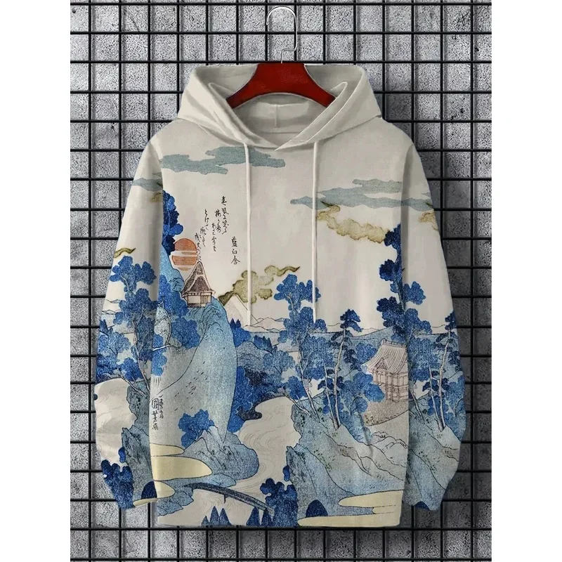 Men's Hoodie Landscape Paint Print Y2k Sweatshirt Harajuku Hooded Shirt Pullover Casual Oversized Long Sleeve Top Men's Clothing