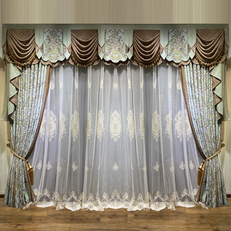 Custom Noble vintage luxury villa American Chenille jacquard thick blue cloth valance blackout curtain tulle drape C2029