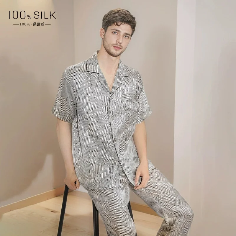 Men's Silk Pajamas 2025 Summer New Arrival - 100% Mulberry Silk, Plus-size Loungewear Set with Cool Touch, Suitable for Outer We