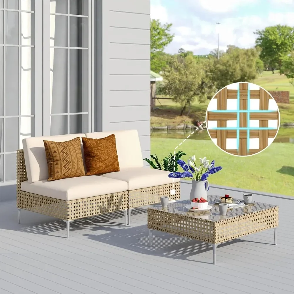 

"3-Piece Wicker Patio Set - Outdoor Sectional Sofa w/ Water-Resistant Cushions & Coffee Table