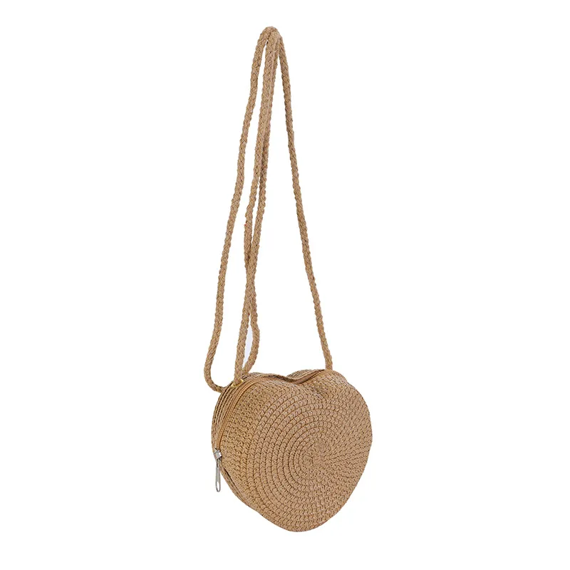Children Beach Bag Fashion Woven Straw Shoulder Bags Cute Travel Crossbody Bag Creative Heart Shape Coin Purse
