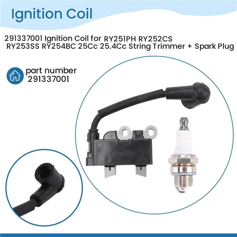 

L39A-291337001 Ignition Coil For Ryobi RY251PH RY252CS RY253SS RY254BC 25Cc 25.4Cc String Trimmer + Spark Plug