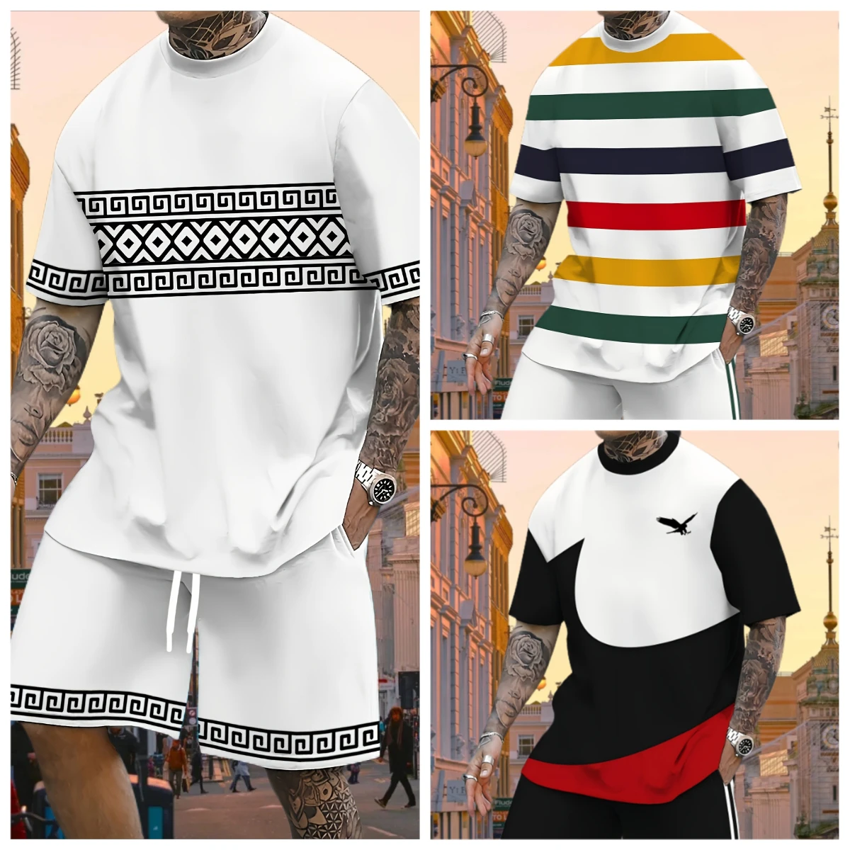 

2025 Latest Hot T-shirt Set 3D Vacation Style Trendy Various Elements Fashionable Street Men's Set Summer Top Shorts Breathable
