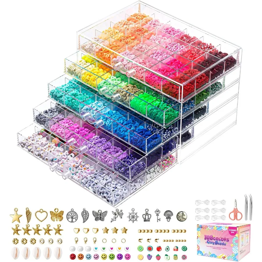 

22600 шт. Набор для изготовления браслетов из глиняных бусин с 5-уровневым штабелируемым ящиком, 108 цветов, плоские полимерные бусины в консервативном стиле с подвесками для F