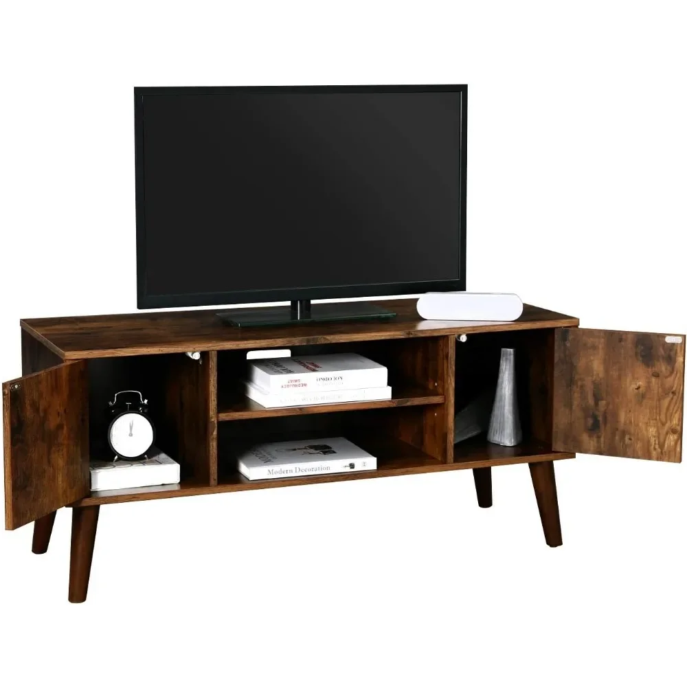 Retro TV Stand for Televisions up to 42 Inches, Mid-Century Modern Entertainment Center, 43.4”, Features 2 Shelving Areas, Brown