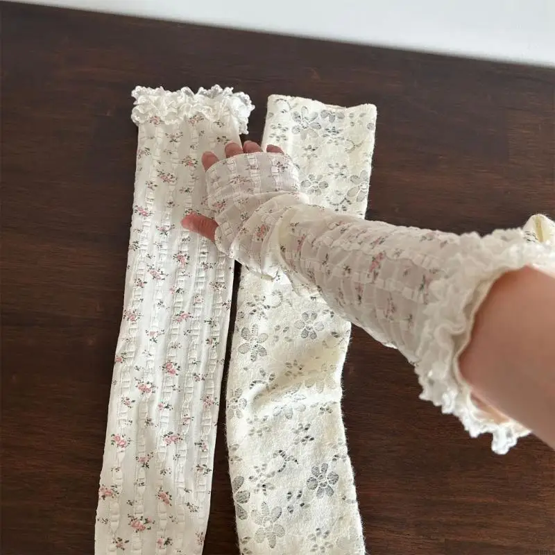 L5YC Aesthetic Elegant Layered Ruffle Lace Leg Warmers for Women Floral Pattern Leg Sleeve Covers Footless Socks with Bowknot