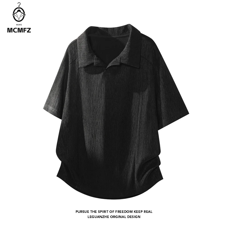 Men Lapel Open V Neck Short Sleeve Blouse Crinkled Surface Texture Curved Hem Relaxed Cut For Youth Casual Streetwear