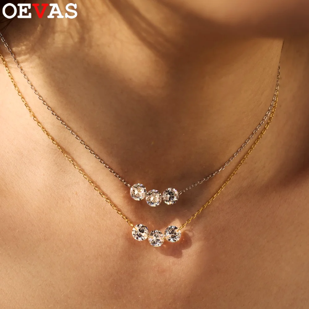 

OEVAS 100% Sterling S925 Silver 4-6MM Zircon 3-stone Necklace For Woman Sparkling Neck Chain Party Wedding Fine Jewelry Gift