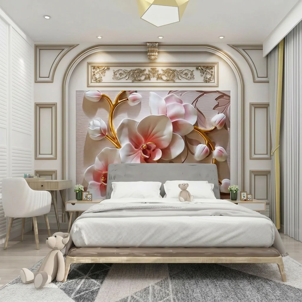 Bedroom headboard background, imitation relief effect, three-dimensional magnolia flowers, self-adhesive mural.