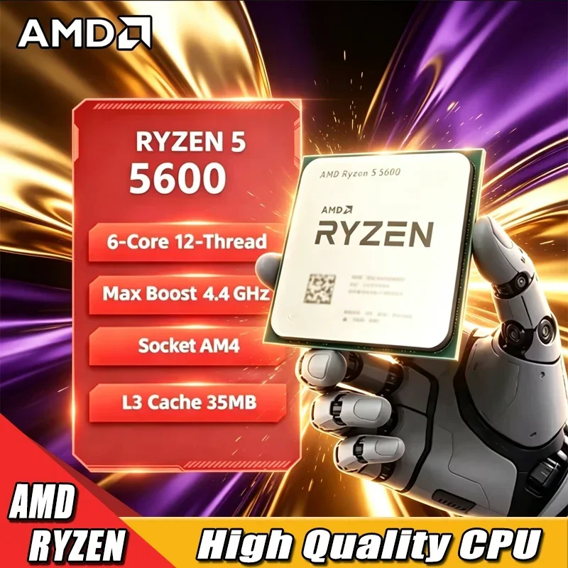 Procesador AMD Ryzen 5 5600, CPU AMD R5 5600 de 6 Núcleos y 12 Subprocesos, 3.5GHz, Desbloqueado, para Escritorio, Socket AM4, para Juegos, Sin Embalaje