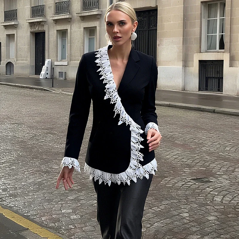 

Fmxiers New Elegant Lace Splice Jacket Coat Women's Lapel Deep V neck Sexy Long Sleeve Outwear Fashion Slim Office Lady Jackets