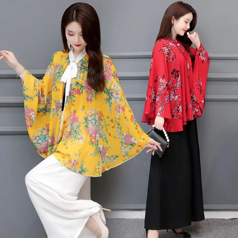 

Summer Chiffon Sun Protection Clothes Women Loose Print Bat Cloak Shirt Thin Cardigan Shaw Coat Short Sunscreen Shirts