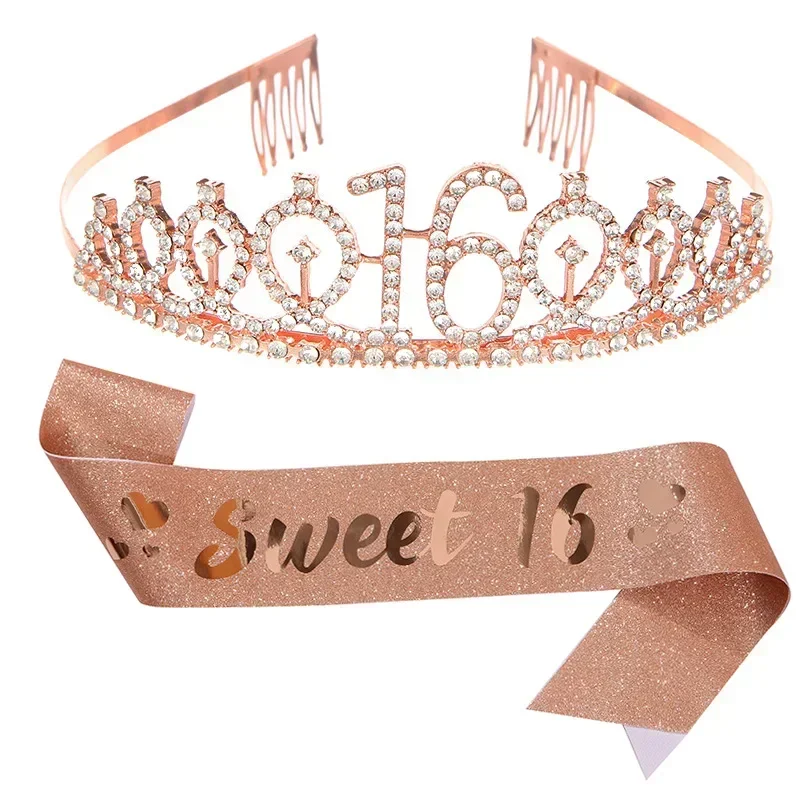 New Sweet16 Birthday Crown Shoulder Strap Set High-density Satin Bronzing Ceremonial Belt Princess Crown Gift Diadem Tiara Hoops