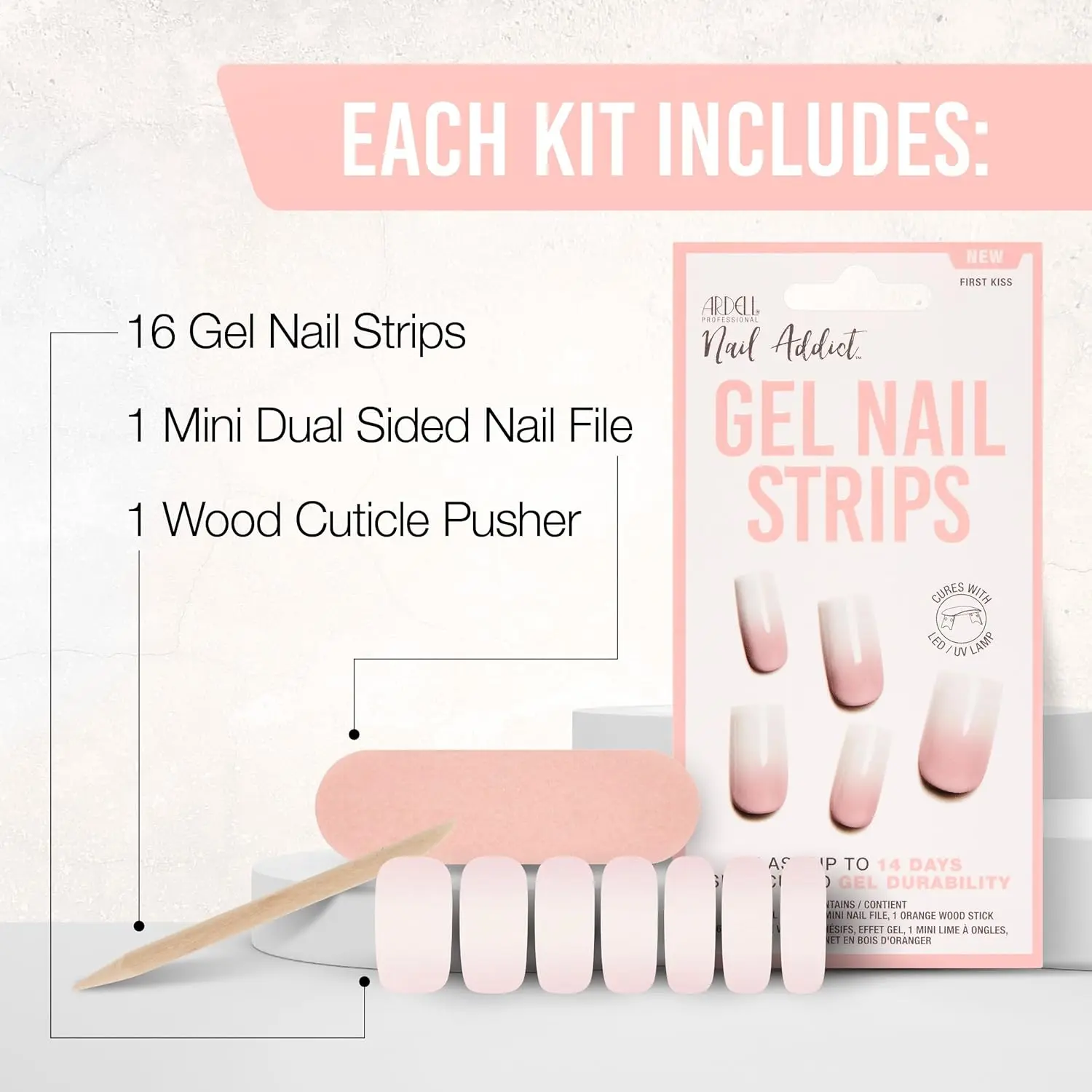 Nail Addict Semi-Cured Gel Nail Strips - First Kiss, 16 Strips, UV/LED Cured, Easy Apply